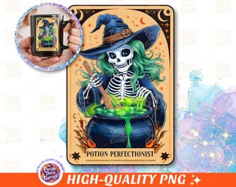 Toverdrank perfectionistische heks tarotkaart png, grappig skelet png, tarot T-shirt design, heksachtige sfeer, brutaal skelet png, digitaal downloaden