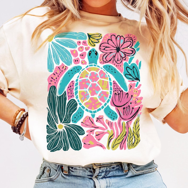Boho floral sea turtle PNG with pink, blue, turquoise, and green colors for summer sublimation designs, beach shirts, and DTF prints.