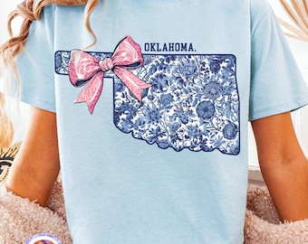 Oklahoma Coquette Bow PNG Floral Coquette Oklahoma Shirt Design Trendy Oklahoma Pink Bow Preppy Chinoiserie DTF Popular Png Tshirt Design