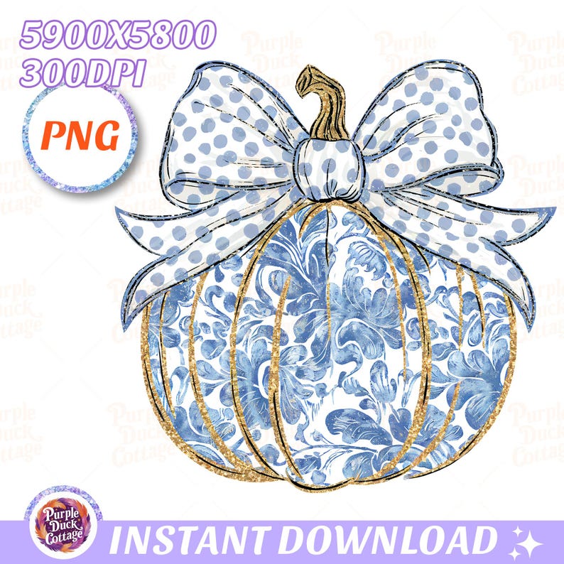 Blue Floral Coquette Pumpkin Png, Gold Glitter Pumpkin, Thanksgiving Sublimation Design, Girly Fall Autumn Png, Watercolor Pumpkin, Trendy Dtf, Retro Fall Bow Png, Pumpkin Season Png, Chinoiserie Pumpkin.