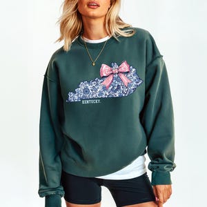 Kentucky state outline with blue and white Chinoiserie floral pattern and pink coquette bow PNG design.
