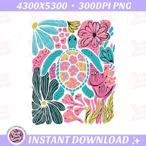 Boho floral sea turtle PNG with pink, blue, turquoise, and green colors for summer sublimation designs, beach shirts, and DTF prints.