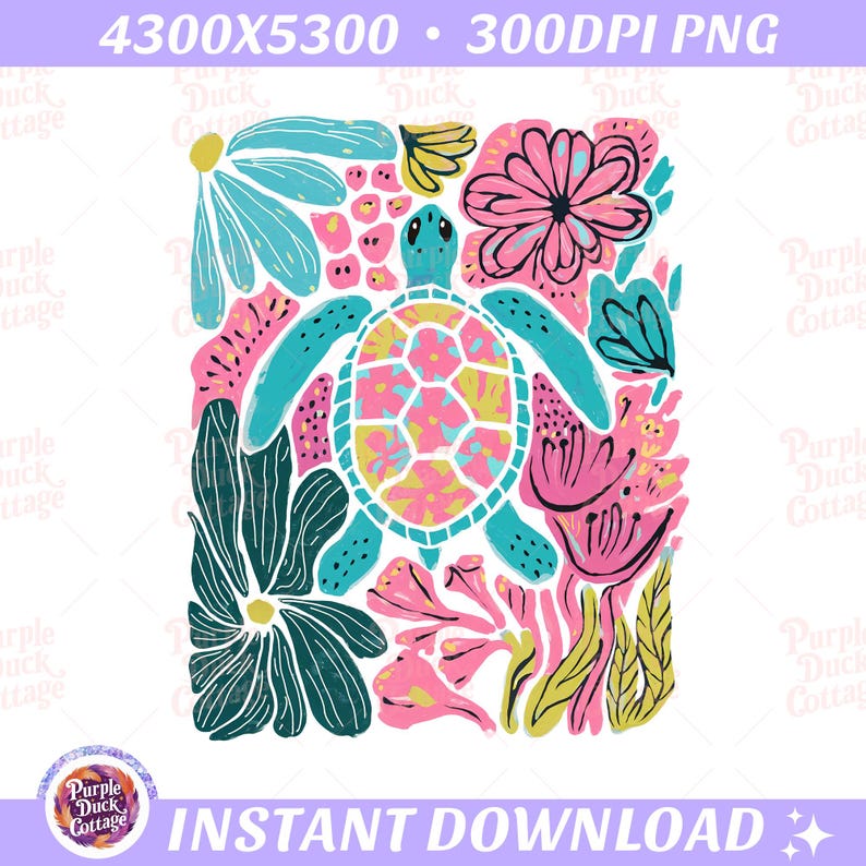 Boho floral sea turtle PNG with pink, blue, turquoise, and green colors for summer sublimation designs, beach shirts, and DTF prints.