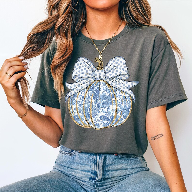 Blue Floral Coquette Pumpkin Png, Gold Glitter Pumpkin, Thanksgiving Sublimation Design, Girly Fall Autumn Png, Watercolor Pumpkin, Trendy Dtf, Retro Fall Bow Png, Pumpkin Season Png, Chinoiserie Pumpkin.