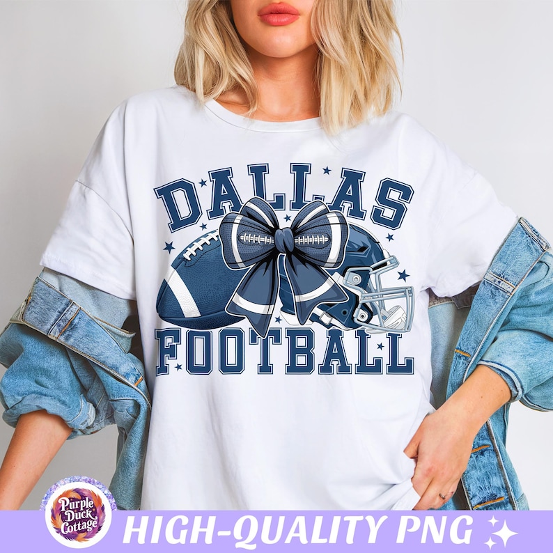 Dallas Football PNG with football coquette bow, helmet, and university text Dallas Football in blue – perfect for game day shirts, sublimation designs, and DTF prints.