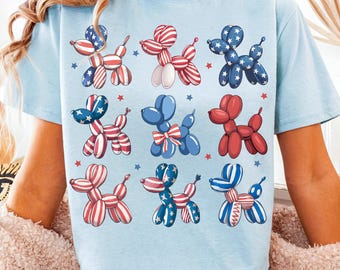 Cane patriottico con palloncino PNG 4 luglio Design a sublimazione Bandiera americana Animale Rosso Bianco Blu Stella USA Amante dei cani Bambino Invito per festa con palloncino