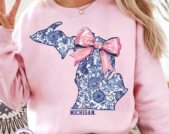 Michigan Shirt PNG Trendy Girly Coquette Bow PNG Blue Floral Pattern Michigan State Sublimation Design Chinoiserie PNG Preppy State Print