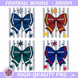 Peut inclure: Un ensemble graphique numérique intitulé FOOTBALL BUNDLE présentant quatre nœuds avec des motifs de lacets de football. Chaque nœud est superposé sur des rayures verticales grises et entouré d'étoiles colorées. Fichier 300DPI et PNG haute qualité.
