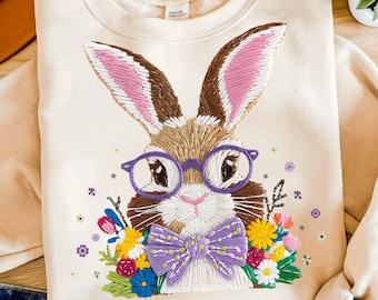 Easter Bunny Png, Happy Easter Png Faux Embroidery Png, Bunny Coquette Png, Funny Easter Bunny Sunglasses Easter Holiday Sublimation Designs