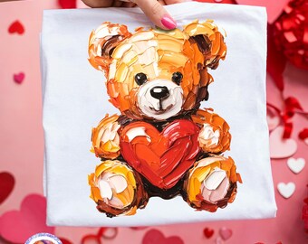 Valentine Teddy Bear PNG Brushstroke Valentines Day Png Hand Painted Valentine Shirt Png Bear Heart Png Sublimation Designs Vday Preppy Png