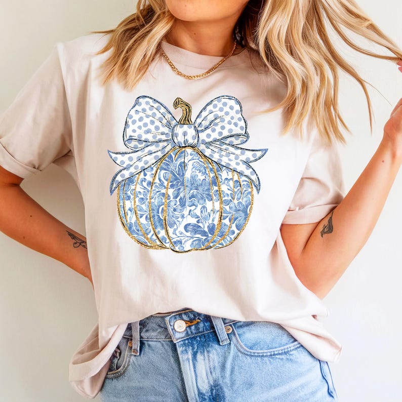 Blue Floral Coquette Pumpkin Png, Gold Glitter Pumpkin, Thanksgiving Sublimation Design, Girly Fall Autumn Png, Watercolor Pumpkin, Trendy Dtf, Retro Fall Bow Png, Pumpkin Season Png, Chinoiserie Pumpkin.