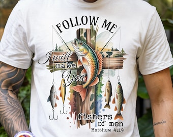 Fishers of Men Camo Cross Fishing PNG Christian Bible Verse Nature Outdoors Sublimation Faith Fish PNG Christian Quote Scripture Shirt PNG