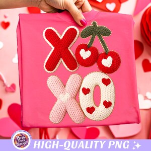 May include: A pink t-shirt with the letters "XOXO" in a knitted design. The "X" is red and pink, and the "O" is white. Red cherries with white hearts are above the "XOXO". The text "HIGH-QUALITY PNG" is at the bottom.