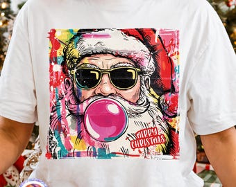 Bubblegum Santa PNG Preppy Christmas PNG Merry Christmas Holiday Shirt PNG Winter Sublimation Tis the Season Png Colorful Santa Xmas Dtf