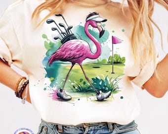 Camiseta de golf con diseño de flamenco, diseño de sublimación, regalo para amantes del golf, impresión de golf para chicas, deporte de golf, descarga digital para el día del golf.