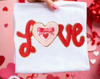 Valentinstag Liebe PNG Kunstgarn Valentine PNG Kokette Valentinstag Hemd Png Knüpfhaken Garn Gehäkeltes Herz PNG Preppy Sublimationsentwürfe
