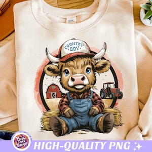 Country Boy Highland Cow PNG Trendy Farming PNG Country Sublimation Farm Design Farmer Shirt Country Life Funny Kid Farm Print Boy Gift PNG