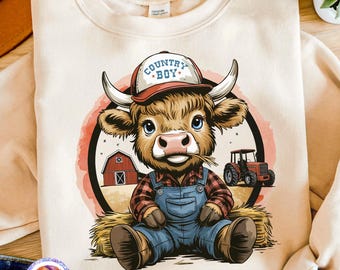 Country Boy Highland Cow PNG Trendy Farming PNG Country Sublimation Farm Design Farmer Shirt Country Life Funny Kid Farm Print Boy Gift PNG