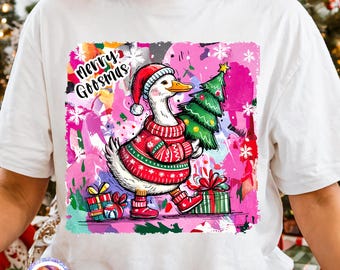 Oie de Noël PNG Noël preppy PNG Père Noël joyeux Noël chemise de vacances PNG Sapin de Noël Oie drôle hiver Design en sublimation