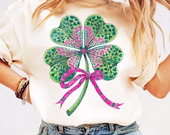 St Patricks Day Clover Png Shamrock Png, Coquette Bow Clover Design Lucky Shamrock Design St Patty Day Sublimation Png Girly Lucky Shirt Png