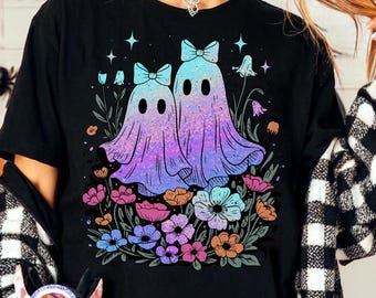 Iridescent Ghost PNG Cute Boo Ghost Halloween Shirt PNG Neon Ghost Coquette Png Fall Sublimation Design Spooky Season Png Floral Ghost PNG