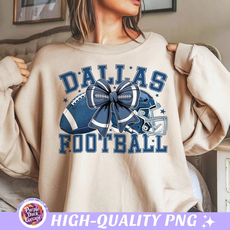Dallas Football PNG with football coquette bow, helmet, and university text Dallas Football in blue – perfect for game day shirts, sublimation designs, and DTF prints.
