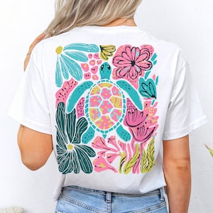 Boho floral sea turtle PNG with pink, blue, turquoise, and green colors for summer sublimation designs, beach shirts, and DTF prints.