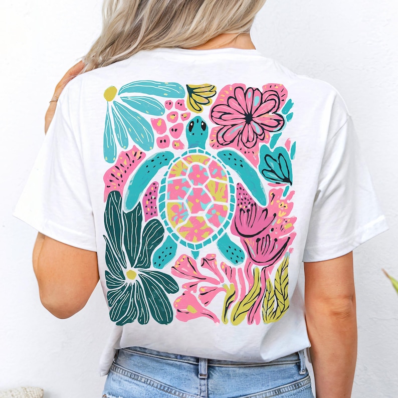 Boho floral sea turtle PNG with pink, blue, turquoise, and green colors for summer sublimation designs, beach shirts, and DTF prints.