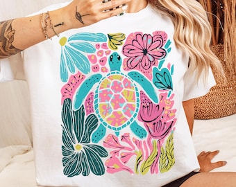 Boho Sea Turtle PNG Floral Summer Sublimation Design for Girls Beach Shirt Coastal Aesthetic Ocean Turtle PNG Vacation DTF Print Gift