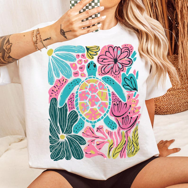 Boho floral sea turtle PNG with pink, blue, turquoise, and green colors for summer sublimation designs, beach shirts, and DTF prints.