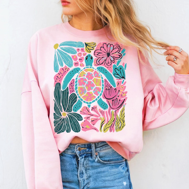 Boho floral sea turtle PNG with pink, blue, turquoise, and green colors for summer sublimation designs, beach shirts, and DTF prints.