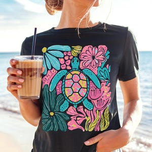 Boho floral sea turtle PNG with pink, blue, turquoise, and green colors for summer sublimation designs, beach shirts, and DTF prints.