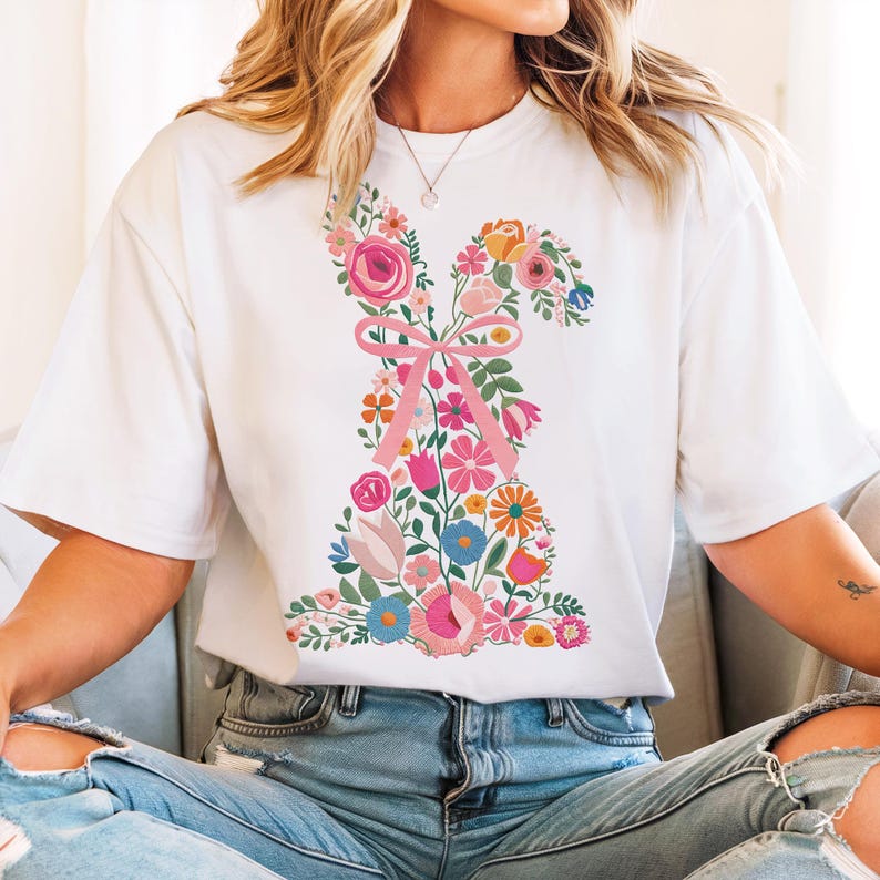 Coquette Easter Bunny Floral Png, Embroidery Bunny, Floral Easter Bunny Png, Easter Shirt Png, Retro Easter Png, Spring Floral, Bunny Design, Faux Embroidery, Happy Easter Png, Spring Shirt Design.