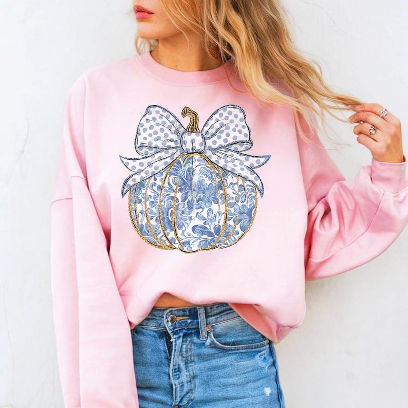 Blue Floral Coquette Pumpkin Png, Gold Glitter Pumpkin, Thanksgiving Sublimation Design, Girly Fall Autumn Png, Watercolor Pumpkin, Trendy Dtf, Retro Fall Bow Png, Pumpkin Season Png, Chinoiserie Pumpkin.