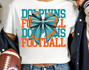 Miami Game Day Football PNG Dolphins Football Shirt Coquette Mom PNG Sport Sublimation Design Football Bow Preppy Game Season Sport Download