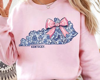 Kentucky State Outline PNG Blue Floral Pattern Pink Coquette Bow Chinoiserie Sublimation Design Preppy Shirt Home Decor