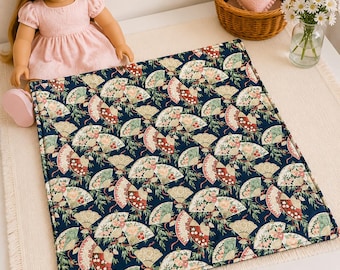 Japanese Fan Doll Quilt, Reversible Doll Blanket, 17" x 20", Navy Blue Asian Print, Handmade Gift for Girls, Doll Bedding, Free Shipping