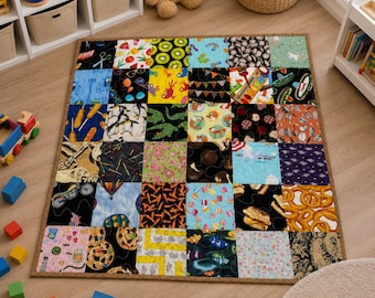 Reversible I Spy Kids Quilt, Food, Travel animals and sports Patchwork  Handmade Children Activity Lap Quilt