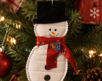 Handmade Snowman Ornament, 7" Quilted Fabric Snowman, Felt Hat and Fabric Scarf, Painted Face, Christmas Tree Ornament, Holiday Gift