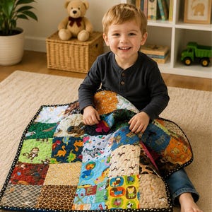 May include: A patchwork quilt featuring a variety of colorful fabric squares with animal prints, including monkeys, dinosaurs, zebras, and dogs. The quilt has a black and white patterned border and is quilted with a consistent stitching pattern throughout.