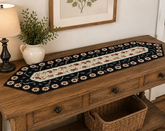 Quilted Sunflower Table Runner, Autumn Decor, 16" x 59", Fall Leaves and Acorns, Handmade Cotton, Thanksgiving Table Decor