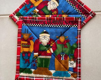 Christmas Pot Holders Set of 2, Santa and reindeer  Hot Pads, 7" Square Cotton Potholders, Gift