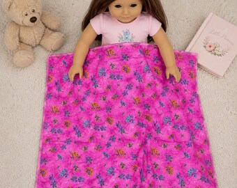 Pink Floral Doll Quilt, Reversible Doll Blanket, 17" x 20", Handmade Gift for Girls, Doll Bedding, Free Shipping, Custom Orders Welcome