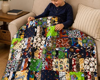 I Spy Quilt, 30”x30", Handmade Kids Quilt, Sports Fabric Blocks, Learning Game Quilt, Gift for Kids, free shipping