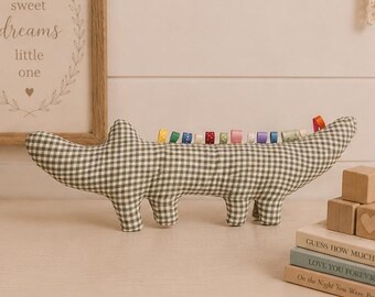 Handmade Alligator Plush, Green Gingham Stuffed Alligator, 18" Nursery Decor, Rainbow Ribbon Accent, Jungle Nursery Gift, Child's Room Decor