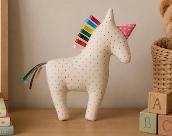 White with Pink Dots Unicorn Plush, Ribbon Tag Unicorn Toy, Stuffed Animal, 10 Inch Unicorn, Nursery Decor, Handmade Baby Gift