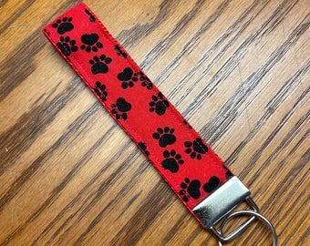 Red Paw Print Wristlet Keychain, 6" Fabric Key Fob, Dog Lover Gift, Cat Lover Gift, Handmade Wristlet, Pet Lover Accessories
