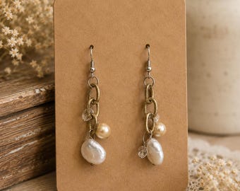 Pearl Bead and Chain Dangle Earrings, Handmade Beaded Earrings, Baroque Pearl Drop Earrings, Elegant Gift for Women, Boho Chic Earrings