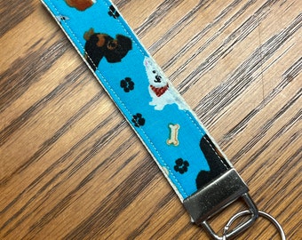 Teal Dog Wristlet Keychain, 6" Fabric Key Fob, Dog Lover Gift, Puppy Print Wristlet, Handmade Key Fob, Pet Lover Accessories