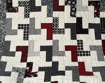 Gray Red Black and White Lap Quilt, 48" x 54", Modern Patchwork Throw, Bold Geometric Quilt, Handmade Cotton Quilt, Gift for Him or Her